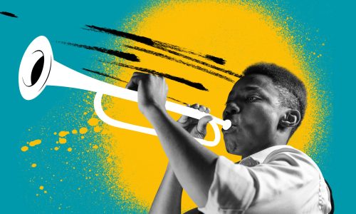 Mixed media illustration of a man playing a trumpet