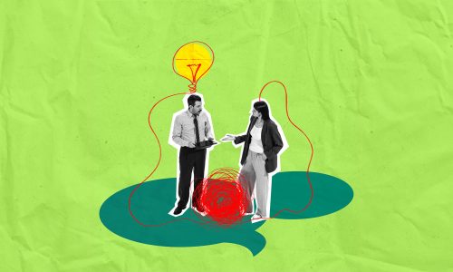 A mixed-media illustration of two employees engaged in conversation